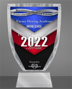 Voted Best Driving School in Irvine Close Up of the Award Presented by the City of Irvine